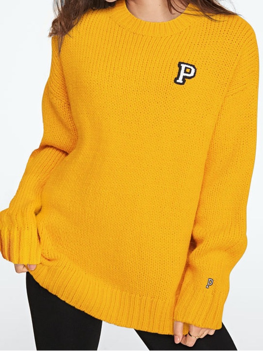 PINK Victoria’s Secret Yellow Varsity Knit Crewneck Sweater Size Large